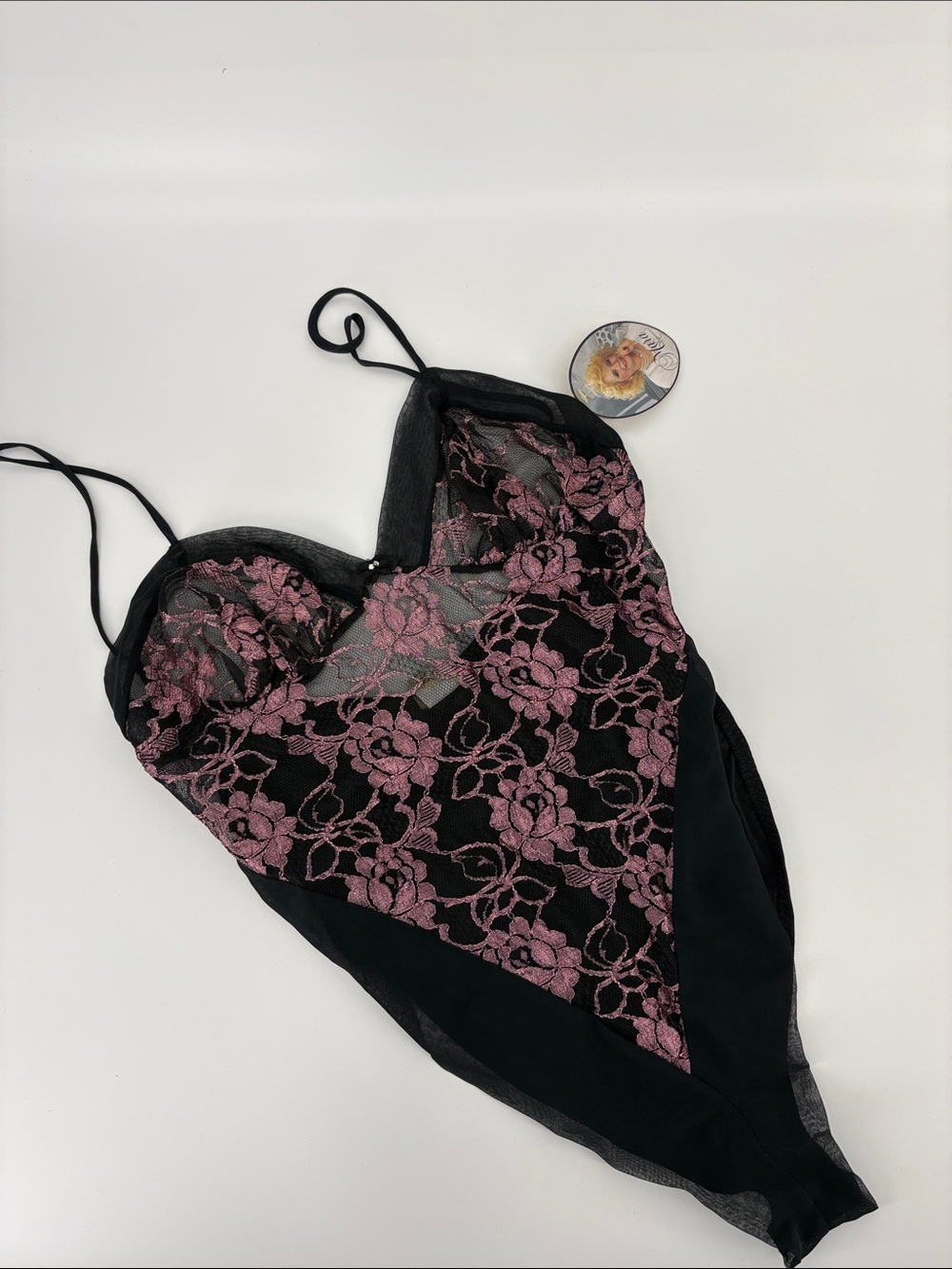 Mara Intimates New Women’s L Vintage Black & Pink Floral Lace Mesh Bodysuit